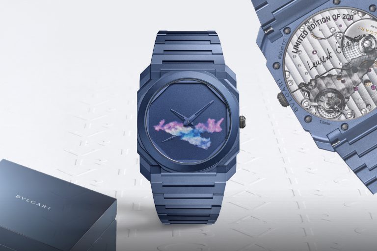 BVLGARI OCTO FINISSIMO X LAURENT GRASSO 在午夜藍錶盤上投射夢幻雲朵